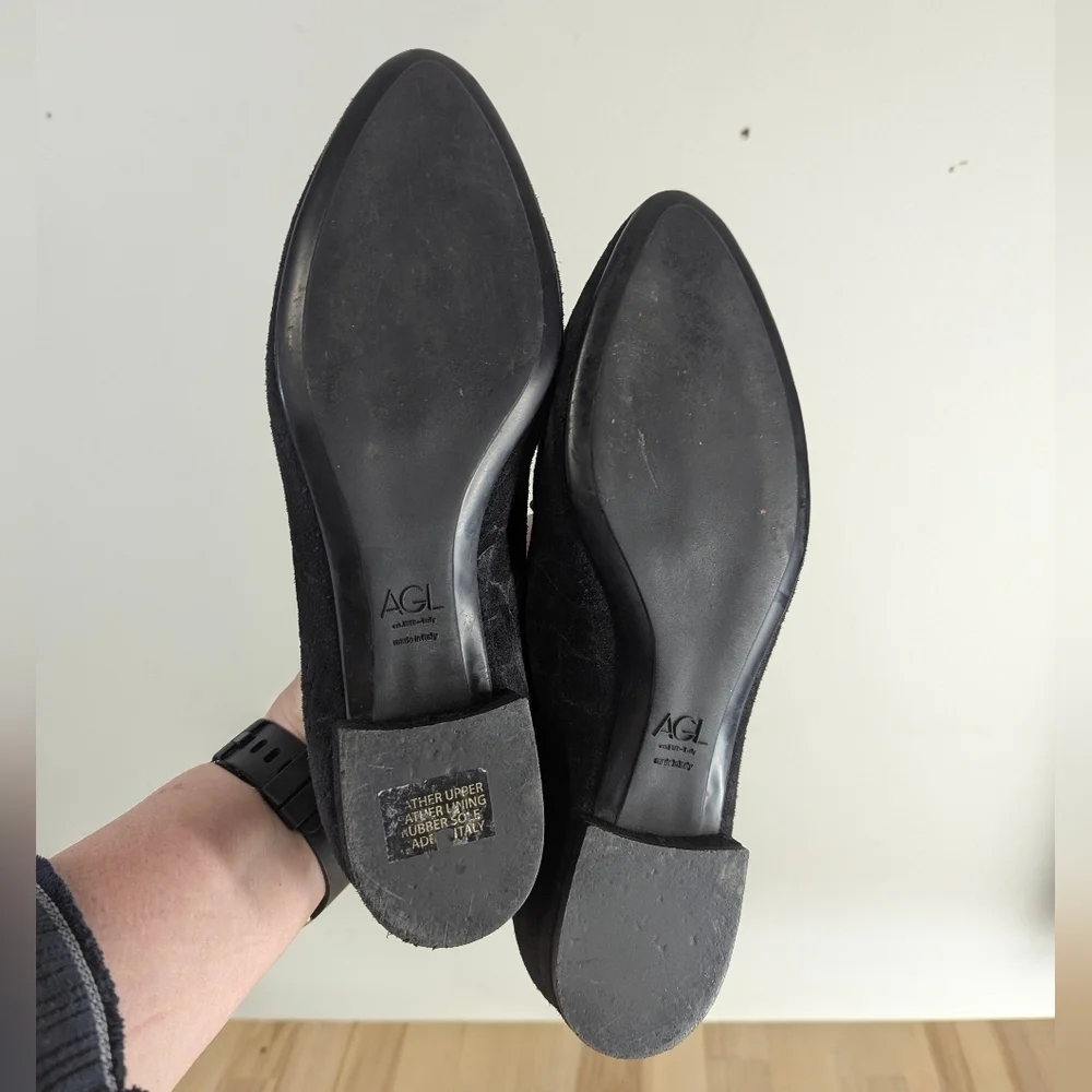AGL Black Suede Italian Leather Loafers Animal Print 37.5 Low Heel 7 / 7.5